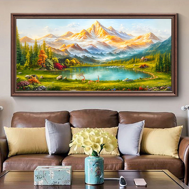 《山湖鎏金-横版》美式复古山水装饰画客厅沙发背景墙挂画油画风景