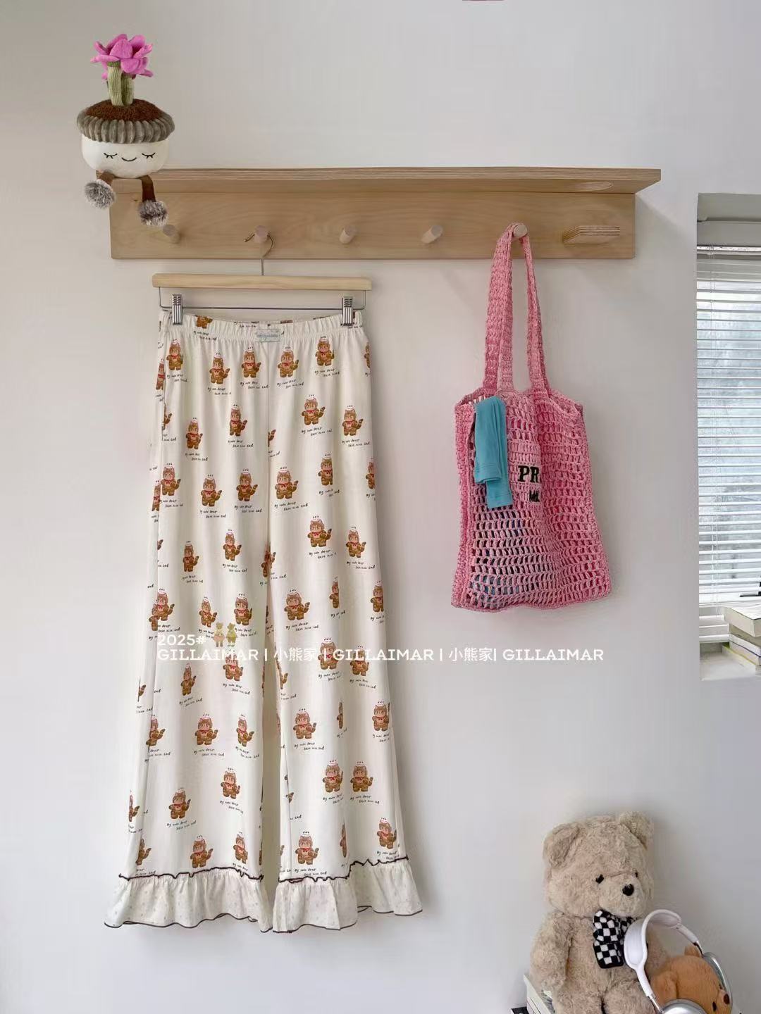 伊涵小熊家居裤甜美蕾丝花边卡通长裤