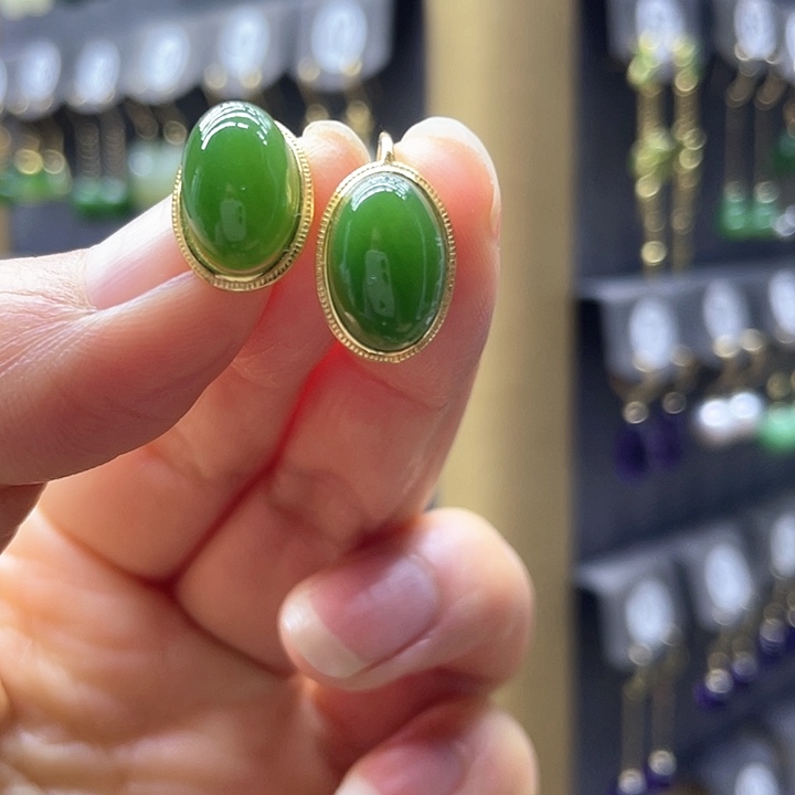 和田玉耳饰银S925镀金镶嵌