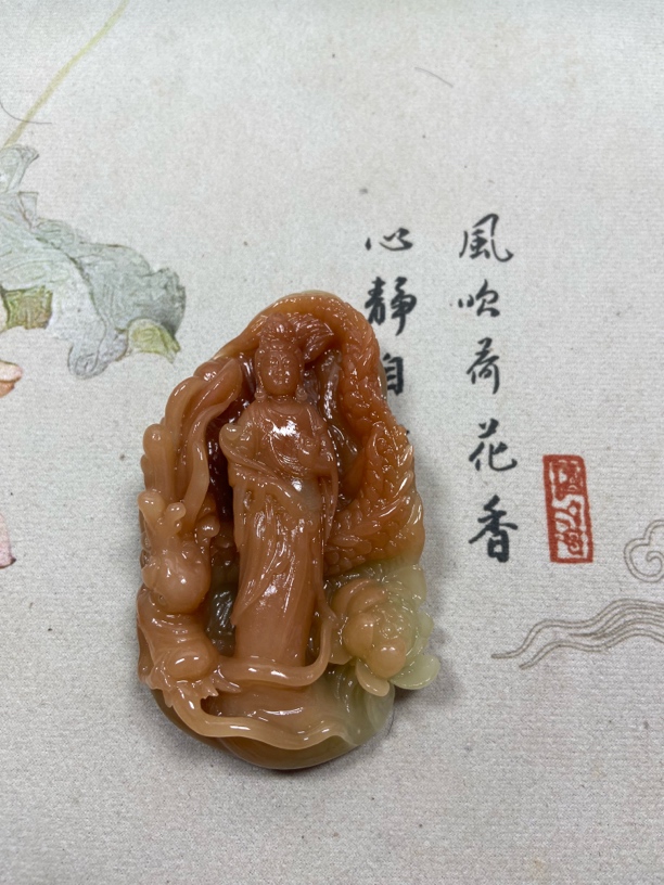 天然岫玉 御龙观音菩萨 辽阳红手工雕刻项链颈饰吊坠挂坠玉石精雕