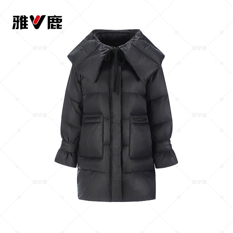 雅鹿羽绒服女冬季荷叶领中长款保暖90绒子鸭绒外套时尚