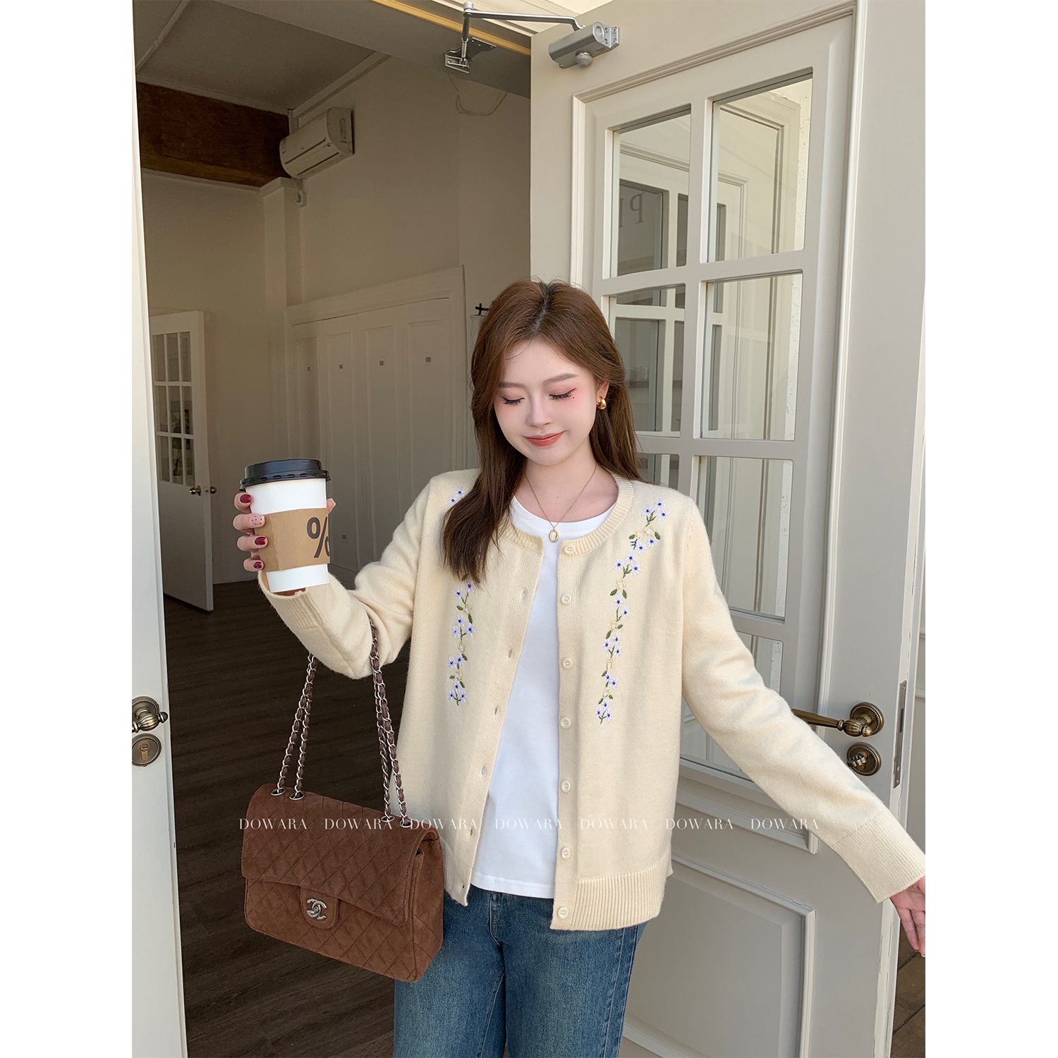 大婉酱微胖定制 韩系显瘦减龄毛针织开衫女早春圆领刺绣上衣7933D