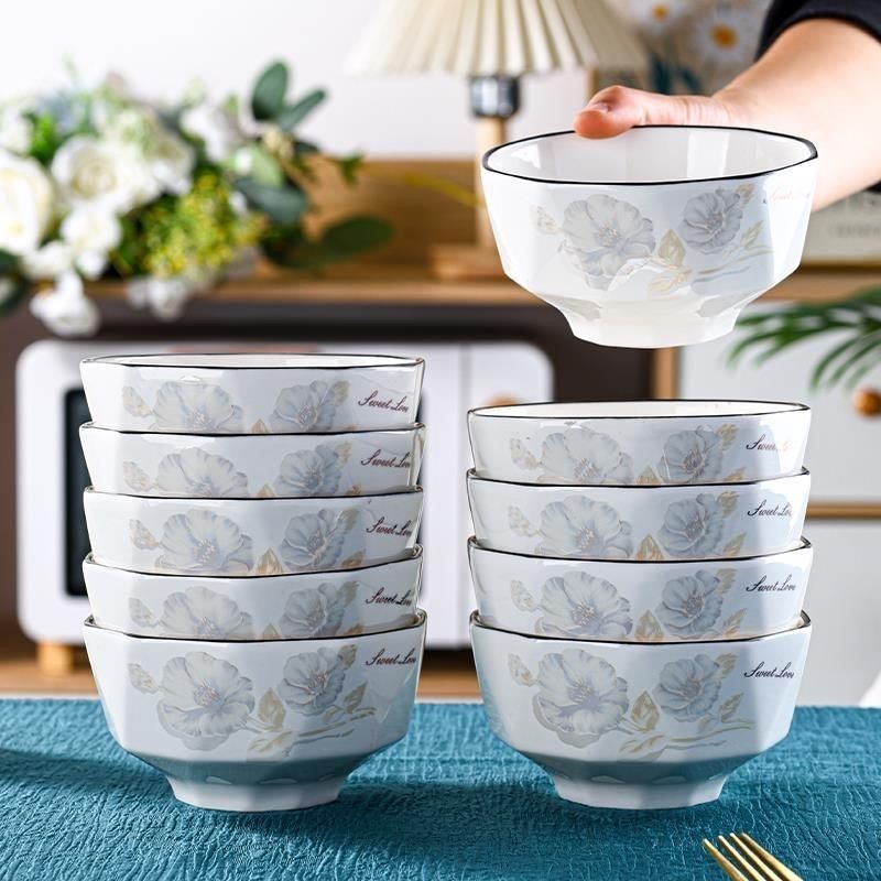 5英寸米饭碗十只装陶瓷餐具微波炉适用加厚防烫家用成人碗