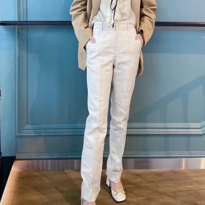 未使用 GUCCI/古驰 纯色Logo纹理印花直筒休闲裤米色