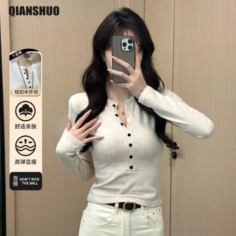 千朔秋冬新款美式辣妹亨利领加绒保暖高级感修身百搭打底衫女内搭商品图