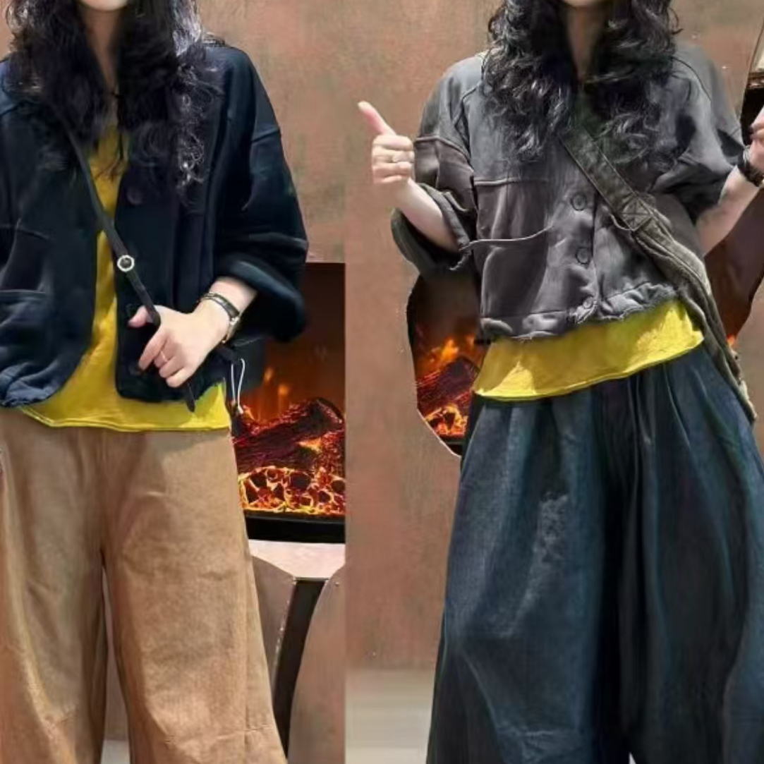 秋季圆领女做旧短外套开襟休闲宽松薄款常规款秋冬