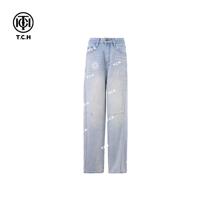 私服-TCH潮牌25春新款银色字母烫钻弯刀裤T72C20E5103-