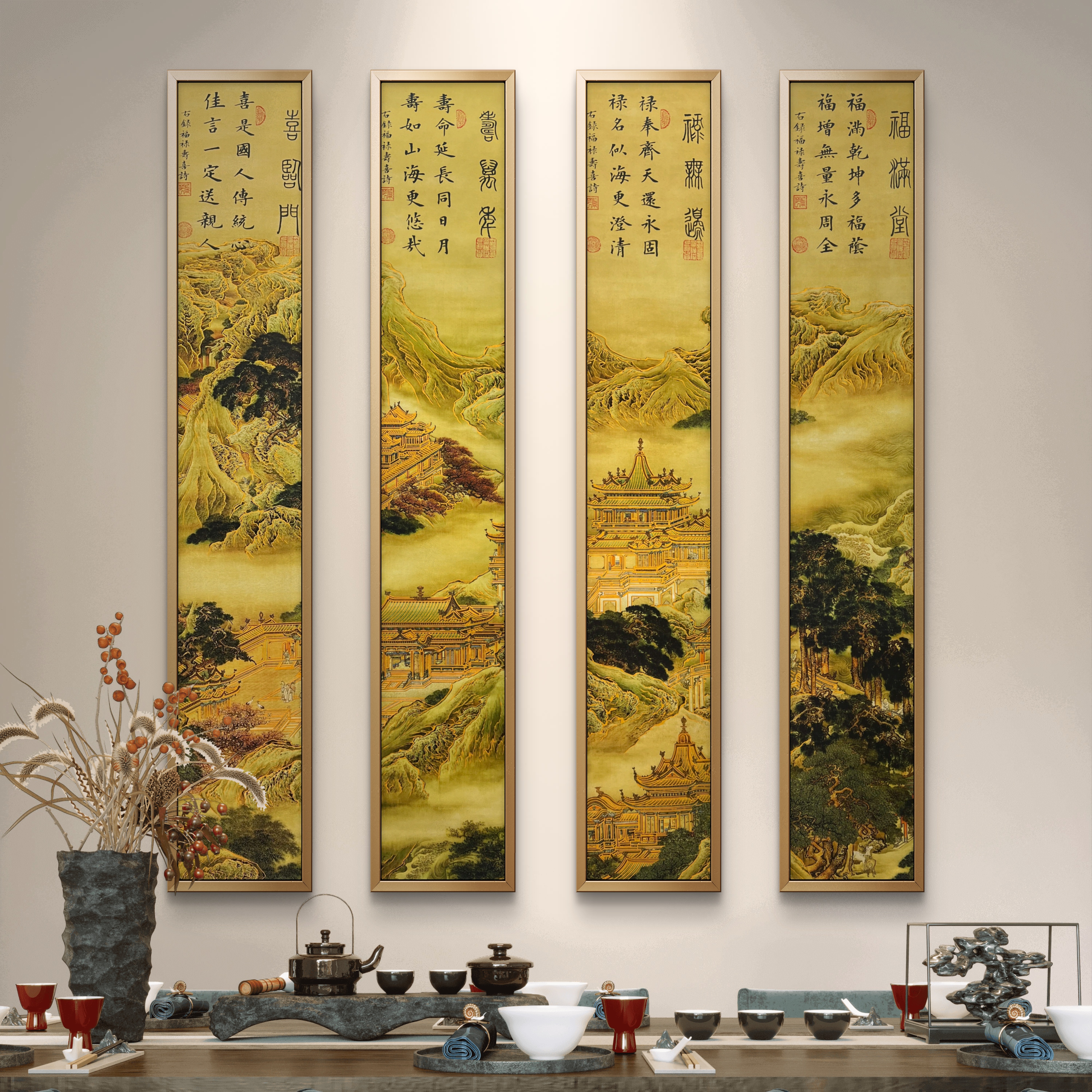 《福-禄寿喜》杭州锦丝绫布软装裱