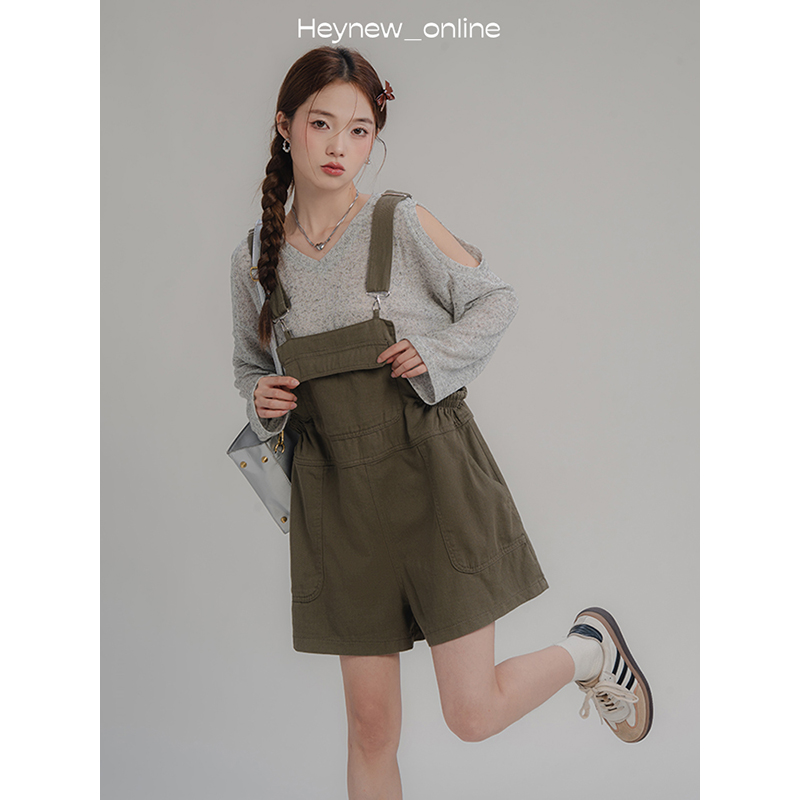 【年中清清】微透露肩长袖工装背带裤两件套女小个子减龄套装-4X301