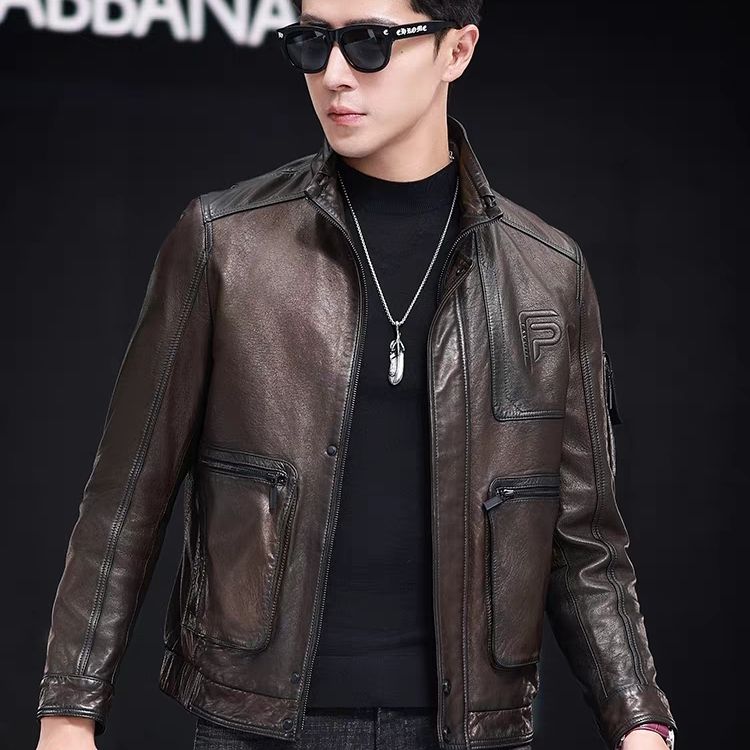 黑色胎牛p字母 男士真皮皮衣牛皮机车立领休闲潮流外套