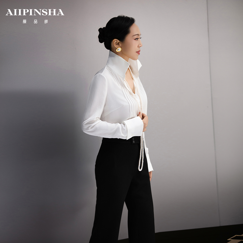 沁婕精选【思弦】轻奢设计师百搭压褶三醋酸衬衣E6SB613EWY