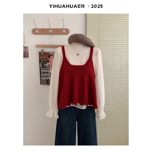 【暖莓奶霜】东大门韩版秋季洋气显白针织马甲花边衬衫两件套3957