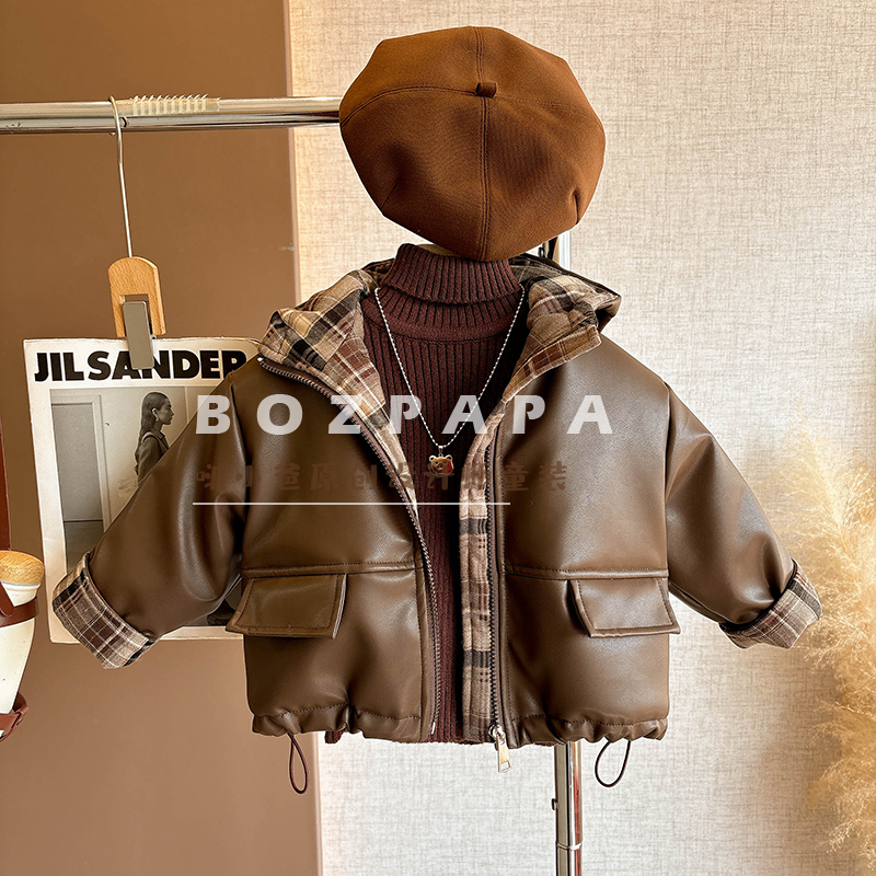 啵小爸【夜梦无声】2025年冬季新款男童格纹拼接毛毛内衬皮衣外套冬