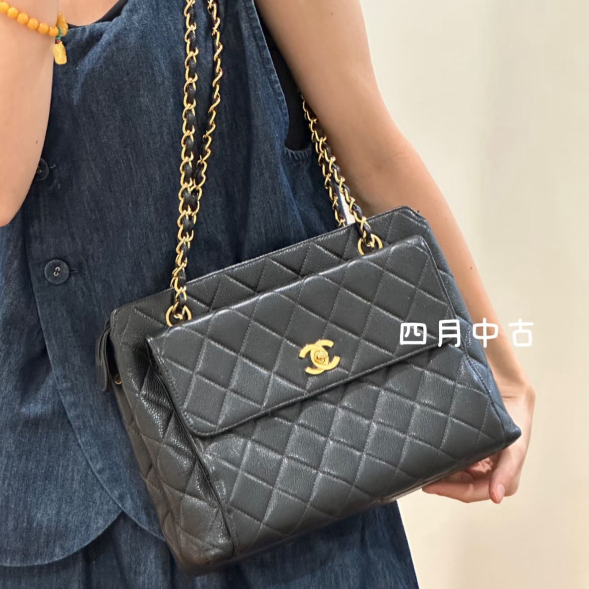 95新 Chanel/香奈儿 黑金荔枝皮双口袋奶粉包 有标无卡 51181