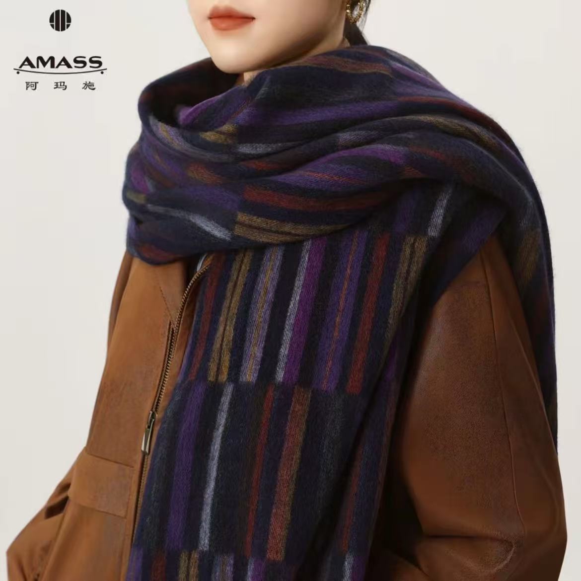  AMASS/阿玛施百搭保暖格子条纹时尚围巾经典拼色秋冬580047
