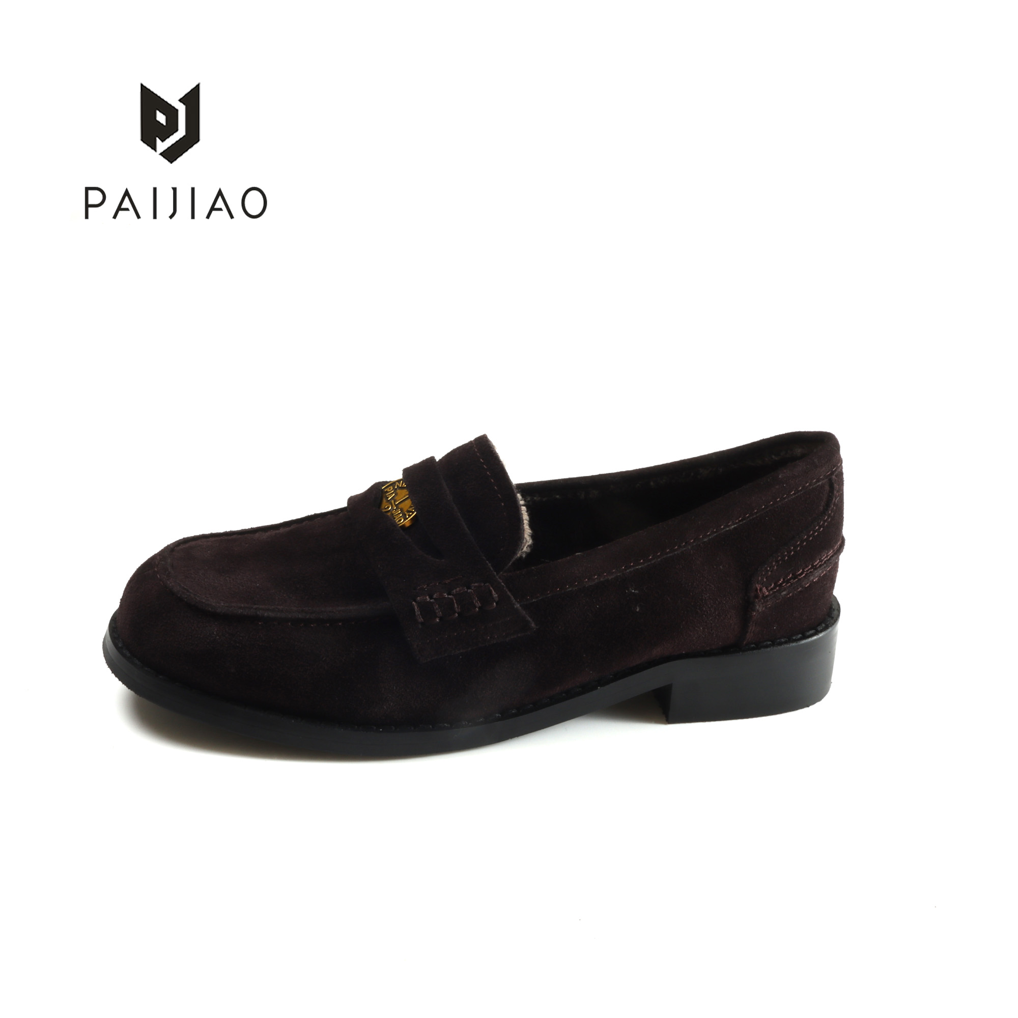 春秋新款复古经典百搭圆头小金币懒人英伦风牛皮乐福单鞋女3557-5