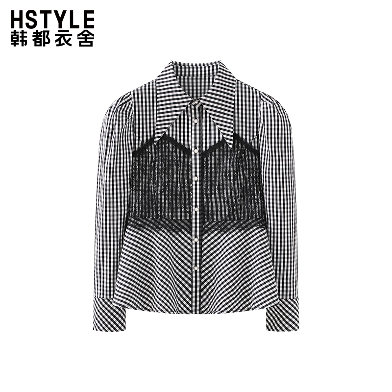 韩都衣舍纯欲风甜美设计感翻领蕾丝拼接假两件收腰格子长袖衬衫女