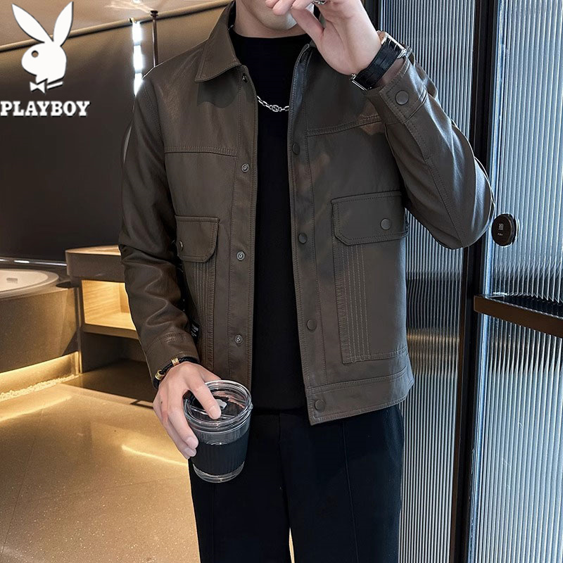 花花公子机车春季夹克男皮夹克雷军同款皮衣百搭商务轻奢痞帅外套