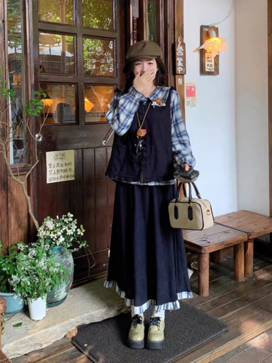 【琪1】新款秋冬季森系法式清新甜美黄黑皮显白连衣裙度假风初恋裙