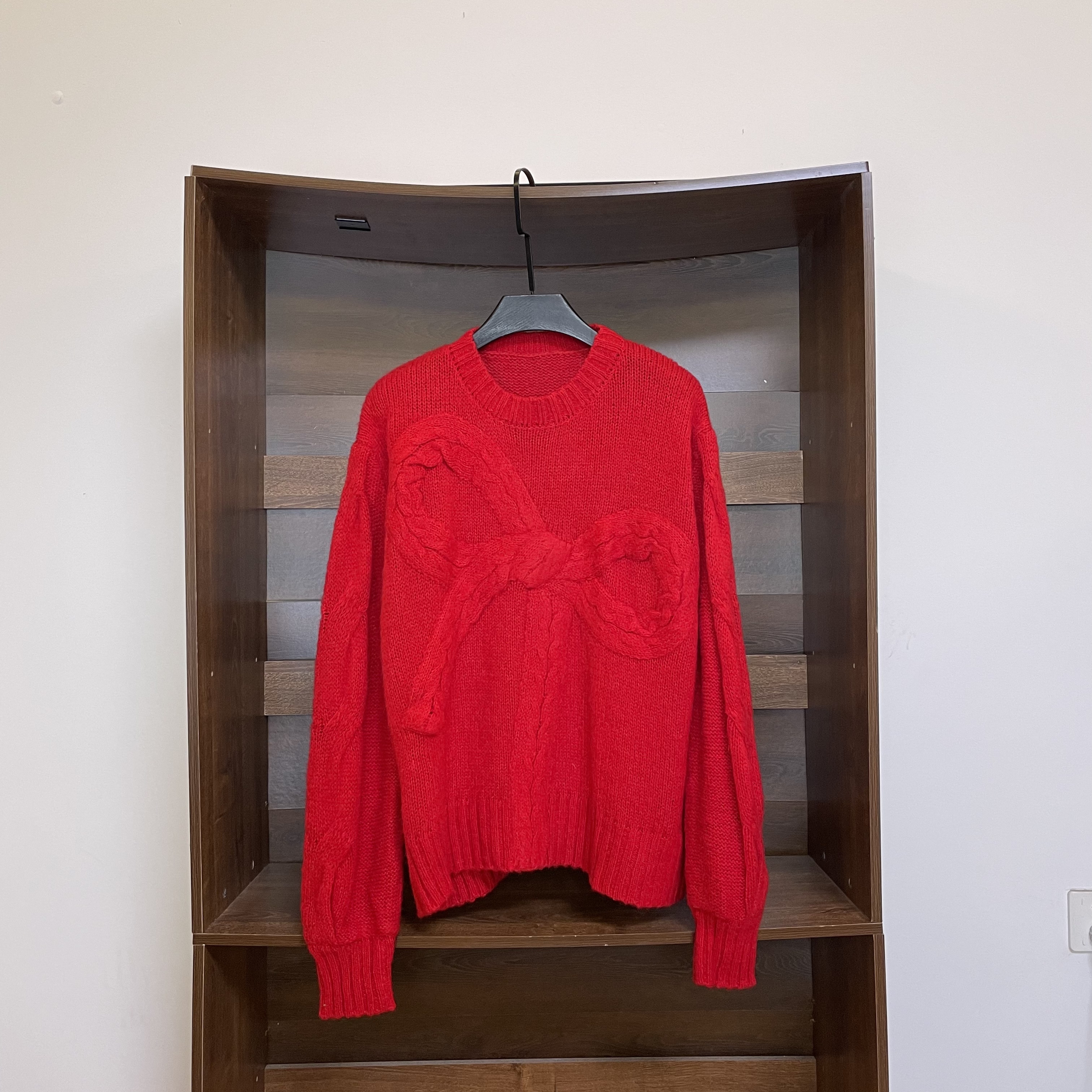 小众甜美蝴蝶结肌理感红色针织衫毛衣