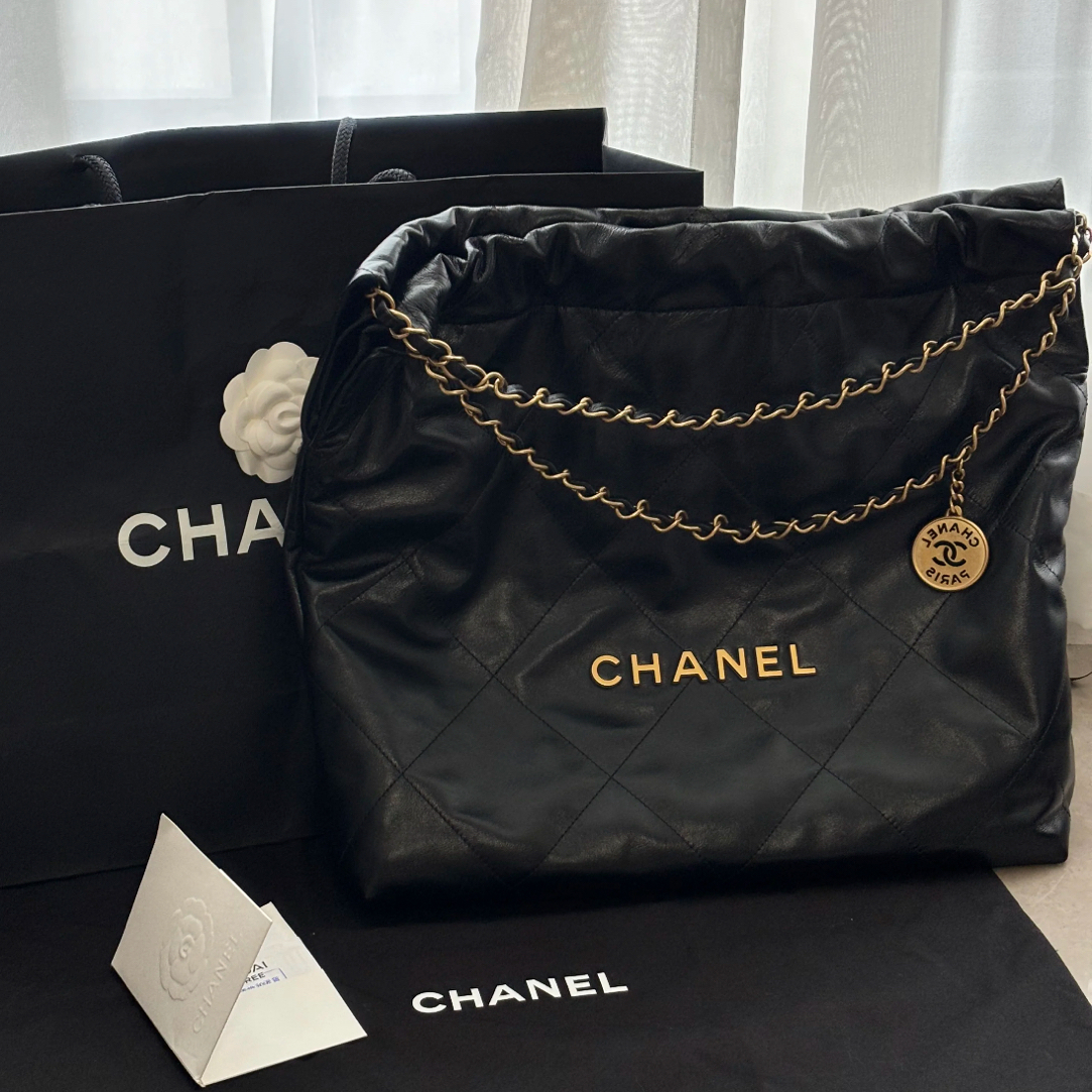 99新 Chanel/香奈儿 林纳奢品丨闲置22bag中号黑金油蜡牛皮单肩包