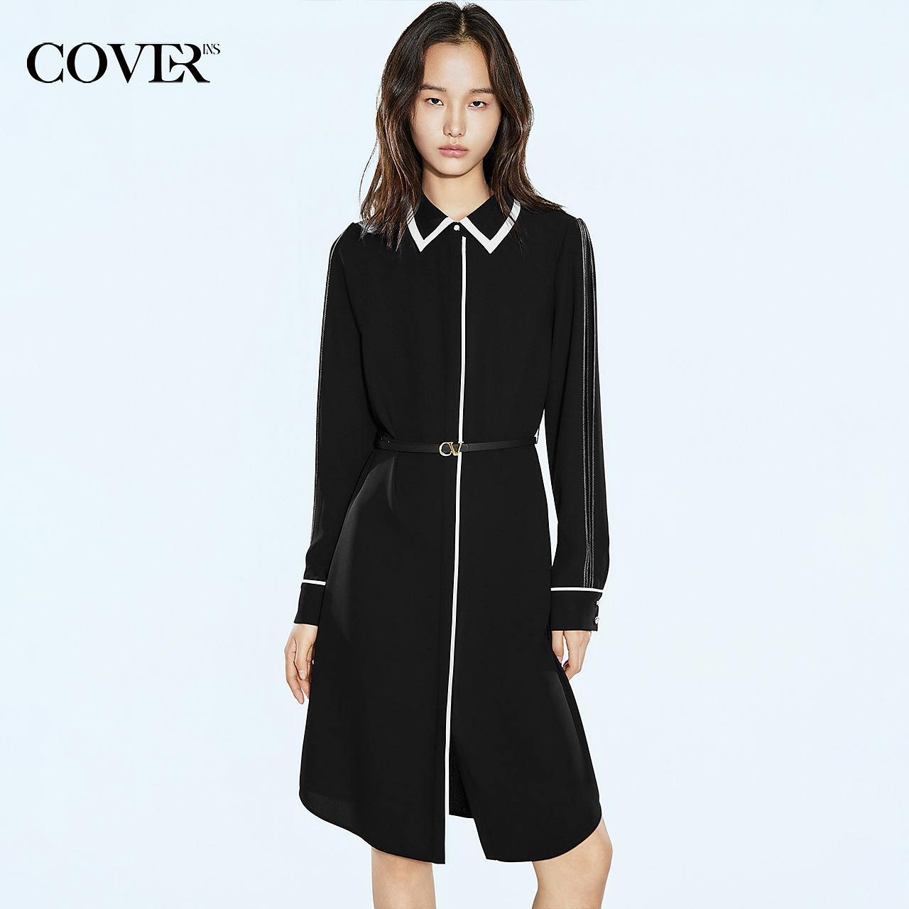 [新派简约]COVERINS2025春季摩登撞色边设计衬衫连衣裙
