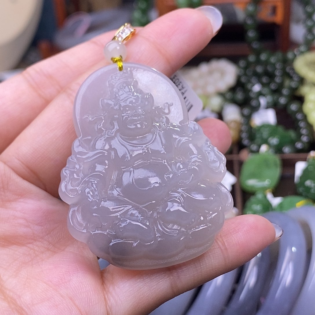 和田玉清货价冰烟紫黄财神吊坠未镶嵌