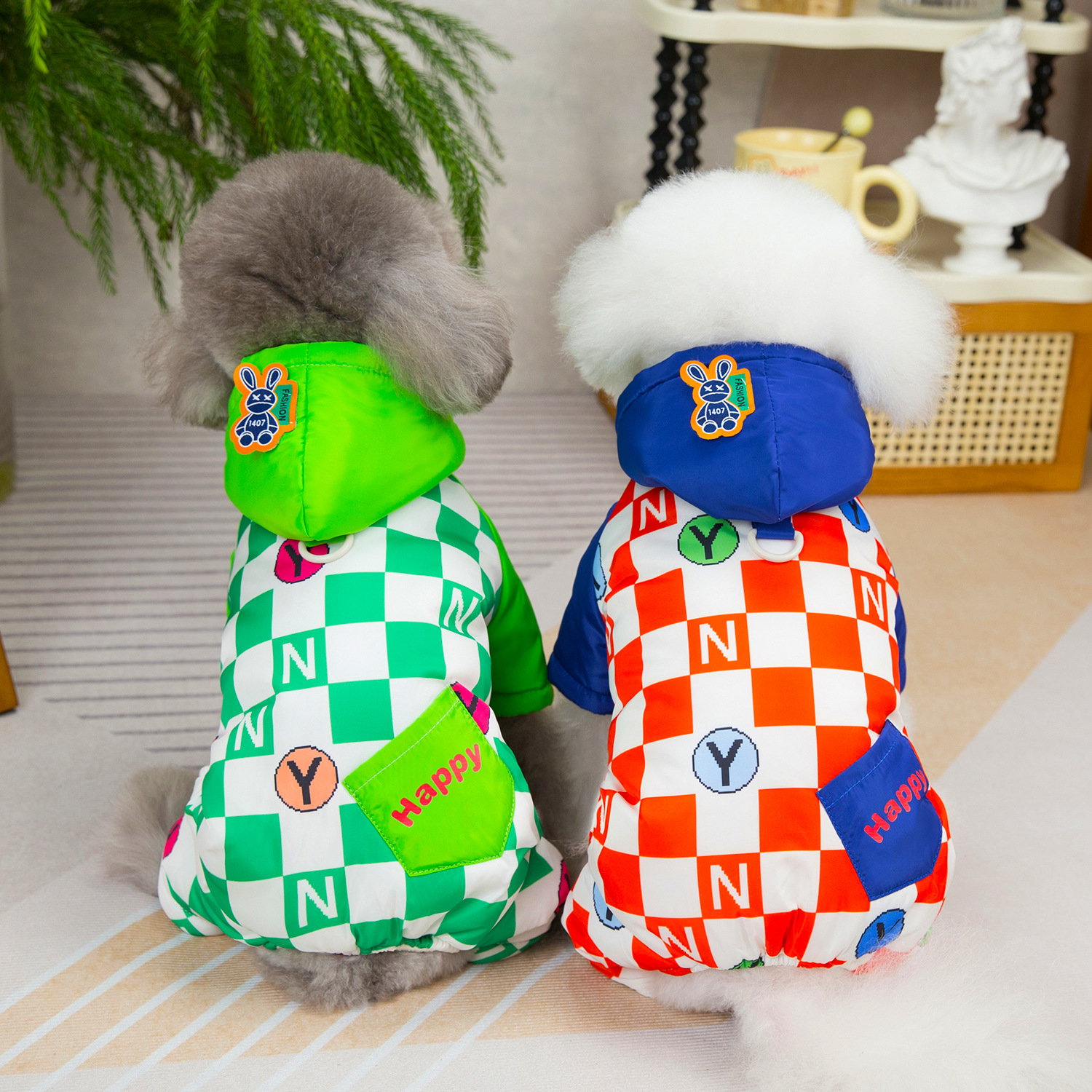 宠物服饰秋冬新款雪纳瑞比熊小型犬加厚保暖衣服24棋盘格四腿棉衣