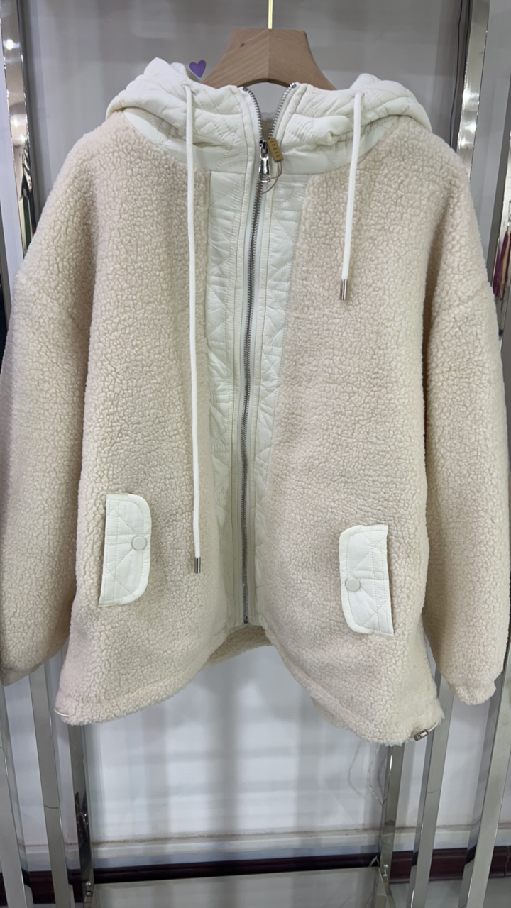 拼接宽松纯色毛呢外套毛绒加绒大衣韩版女装秋冬米色冬款白色