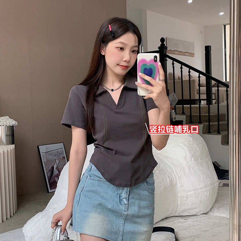 夏季哺乳衣外出竖拉链方便喂奶上衣翻领短袖T恤产后母乳百搭T恤