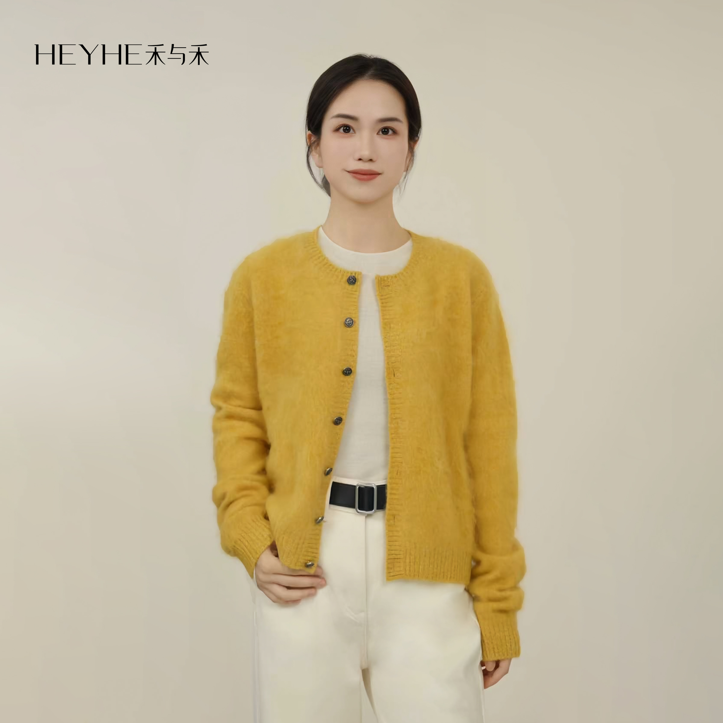 小禾【小蜜蜂】羊绒羊毛桑蚕丝水洗拉绒夹花蜜蜂扣休闲温柔针织开衫