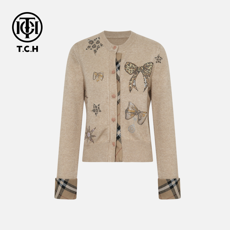 TCH私服秋冬氛围感烫钻时尚淑女长袖针织衫女T75D43E1001轻奢tch
