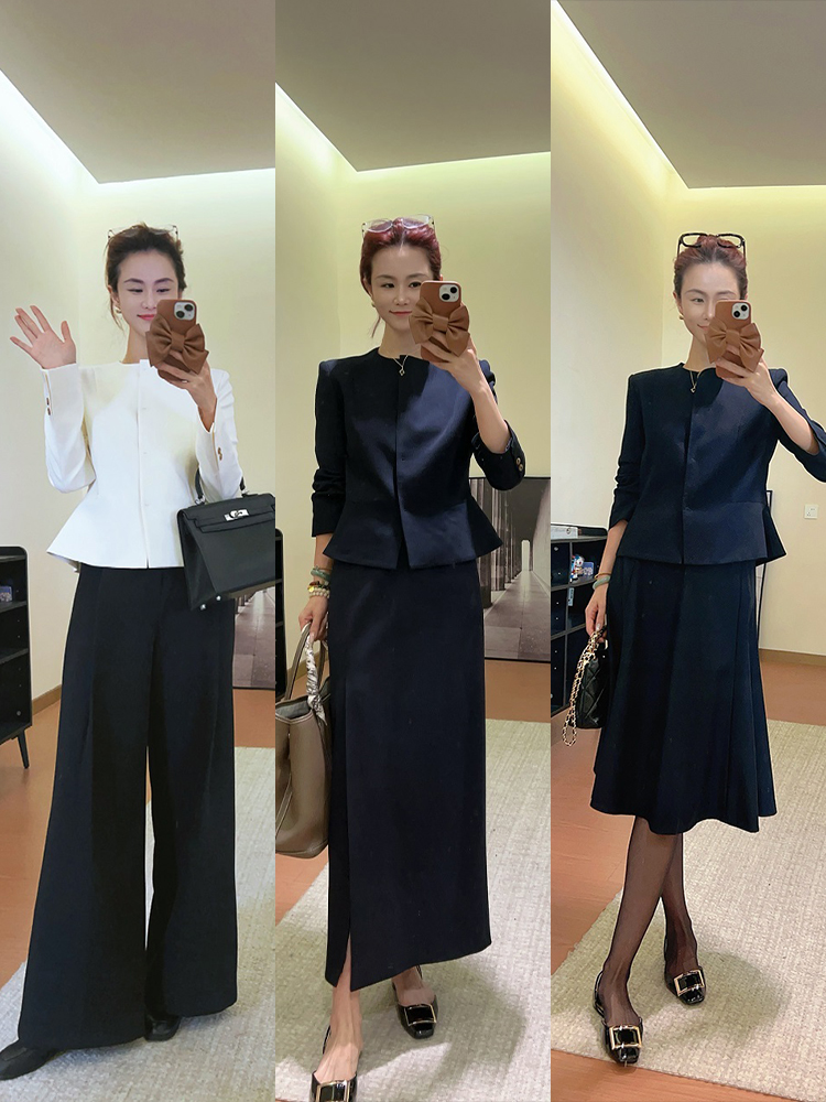 【步步生花】时髦高级干练羊毛混纺通勤修身藏蓝色西装外套套装