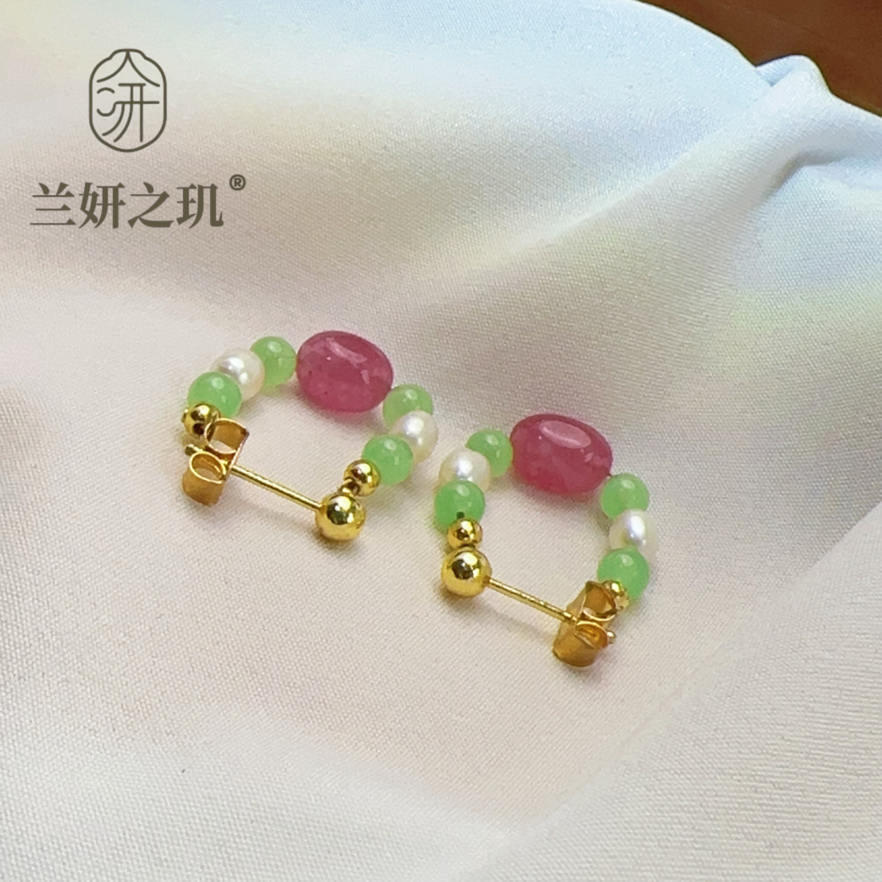 淡水珍珠 4mm薄荷绿水晶珍珠耳钉新中式国潮耳环 8993