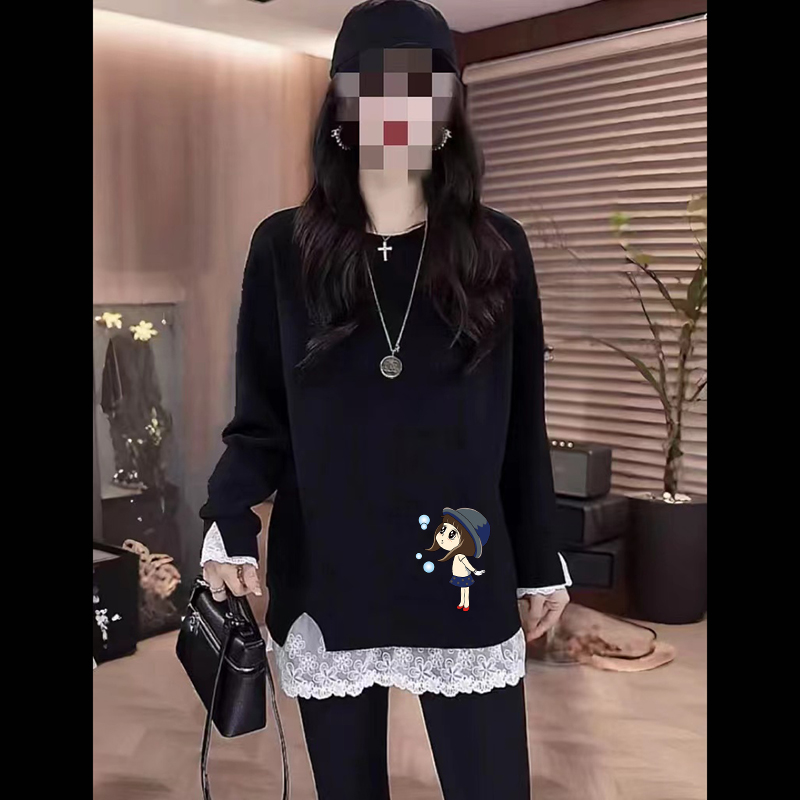 加厚上衣中长款T恤女秋冬新款宽松内搭打底衫假两件撞色蕾丝拼接
