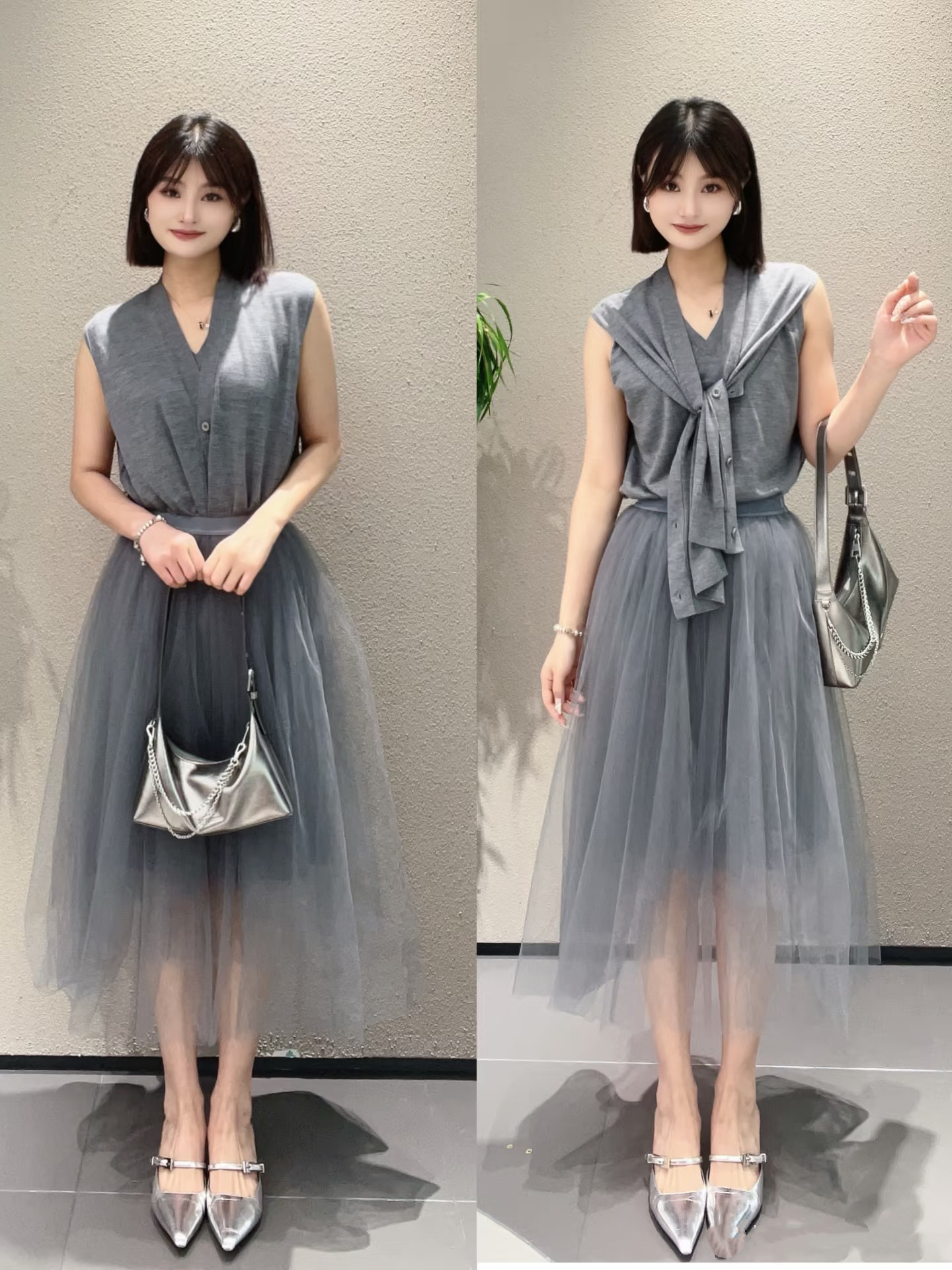 【0705】2025秋冬新文艺灰色假两件v领针织马甲女背心高级针织上衣