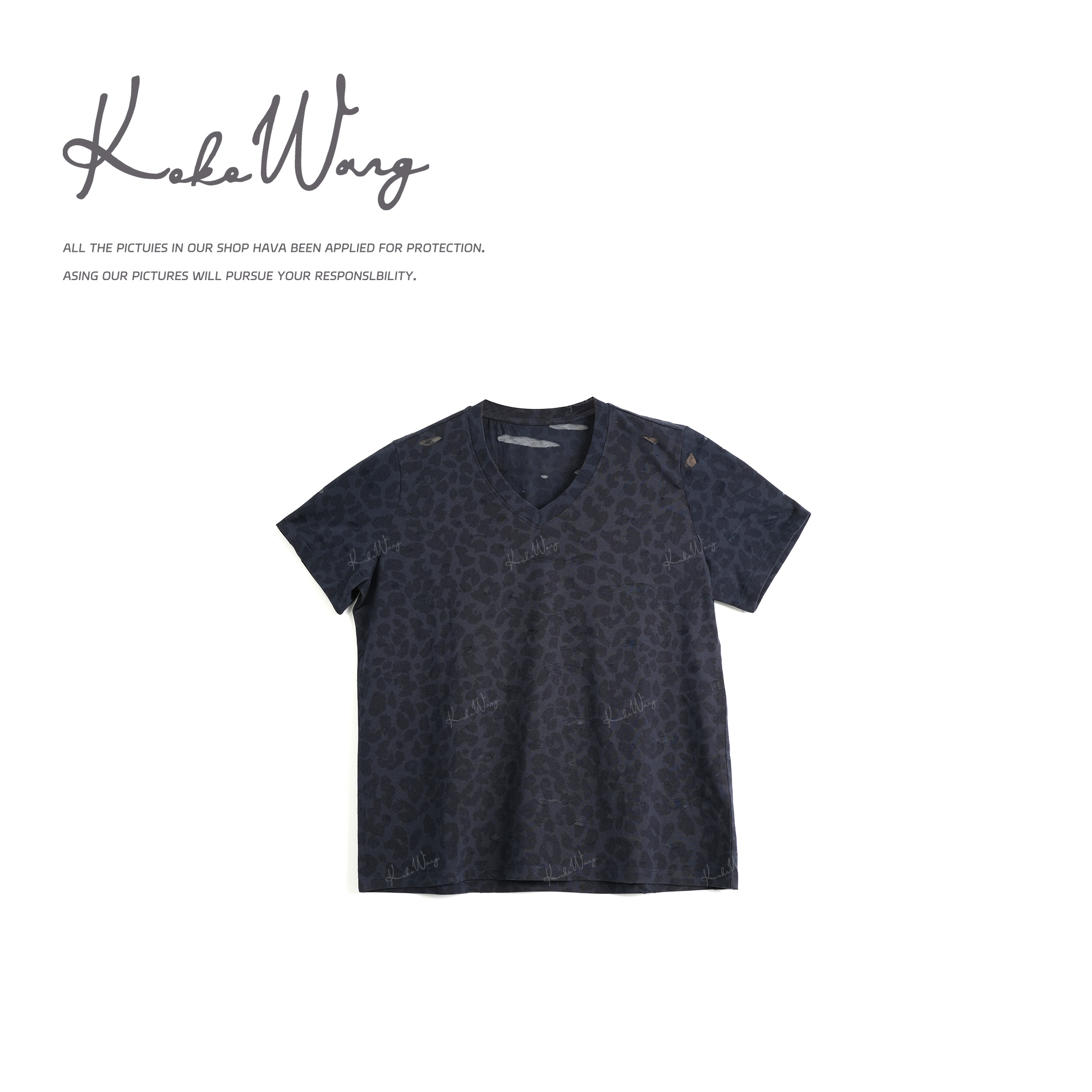 KOKO WANG早秋时尚气质豹纹V领休闲显瘦百搭短袖T恤X1535J09T52