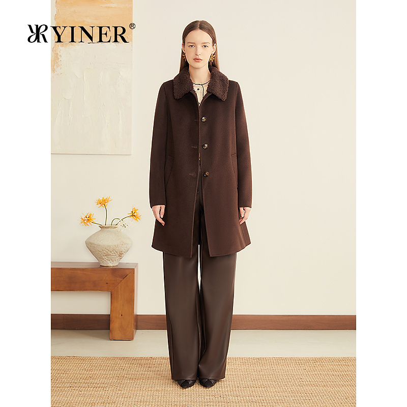YINER音儿专选2025秋季新款可拆卸毛领美丽诺羊毛双面呢大衣外套