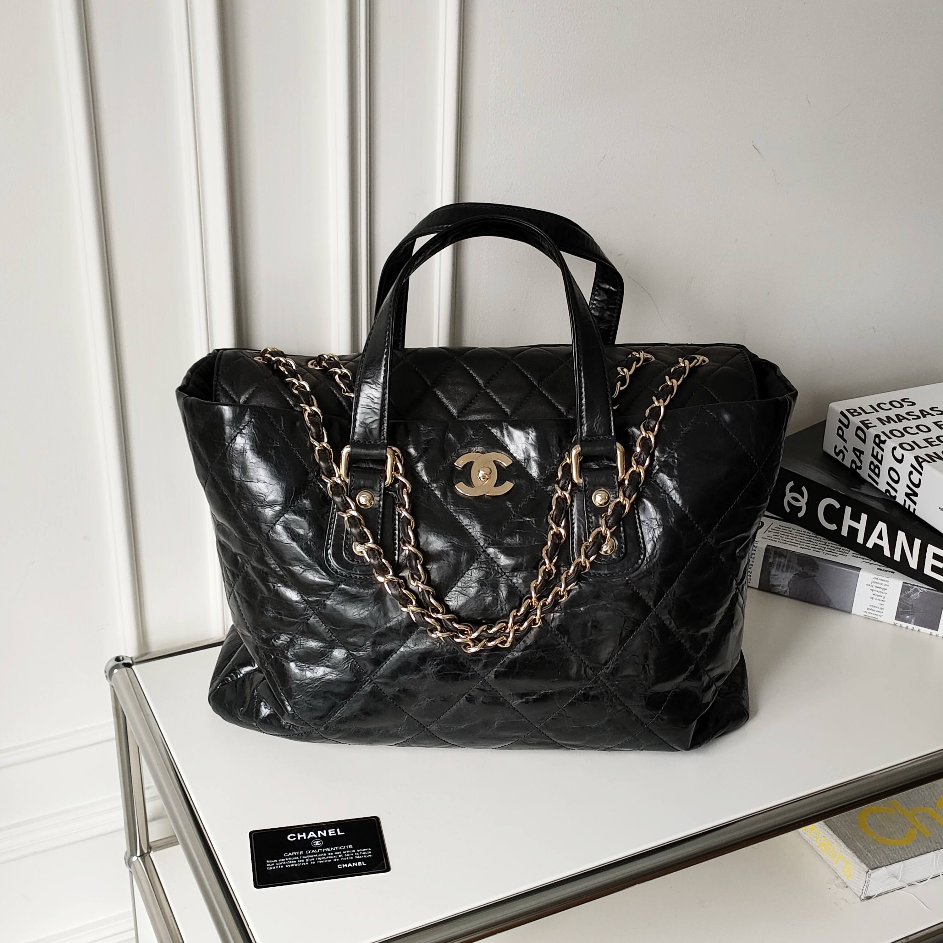 95新 Chanel/香奈儿 Azul - 黑色羊皮浅金扣2Ways托特包 41052