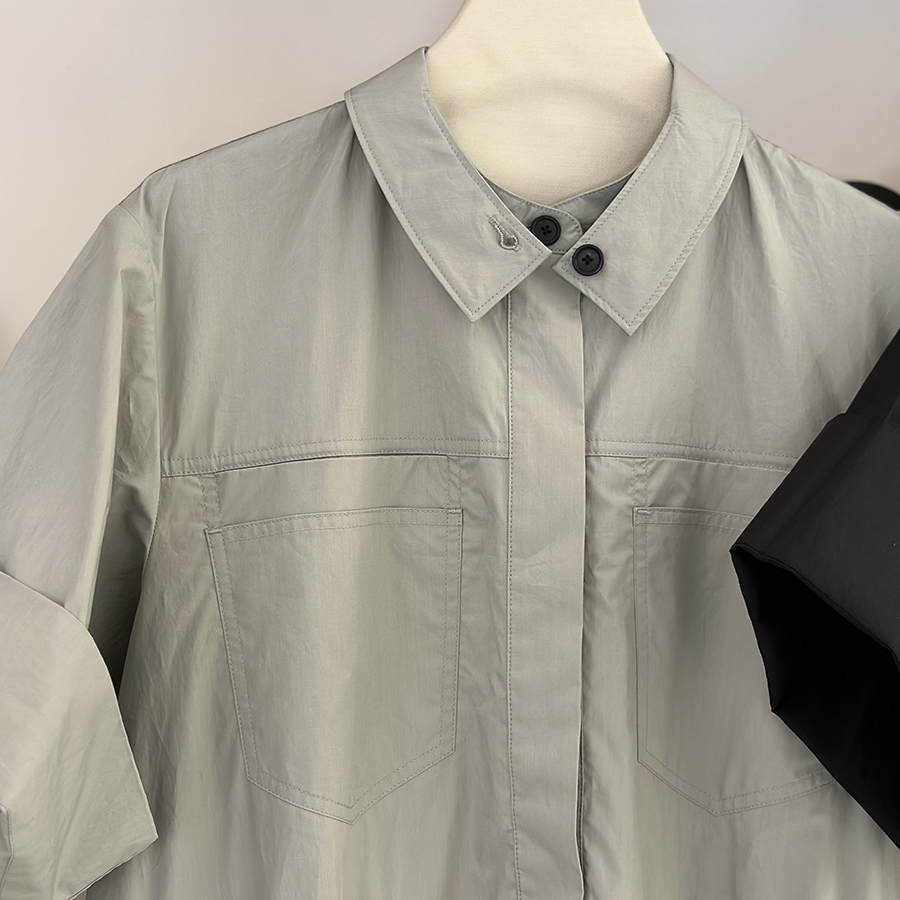 小立领过膝连衣裙五分袖七分袖宽松可调节收腰黑色连衣裙简约小众