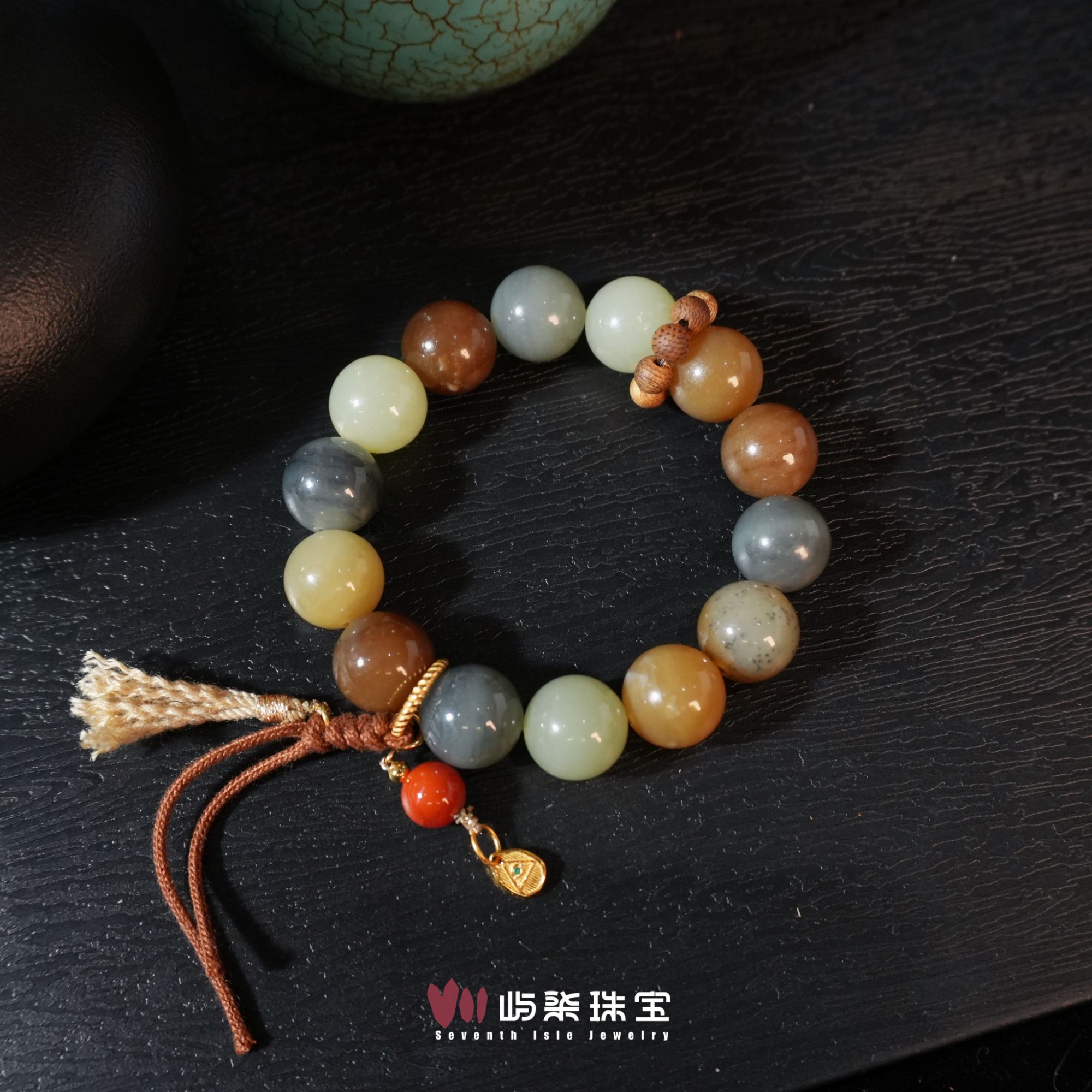 F208 和田玉银925镶嵌 楼兰多色圆珠流苏手串12mm 防跑