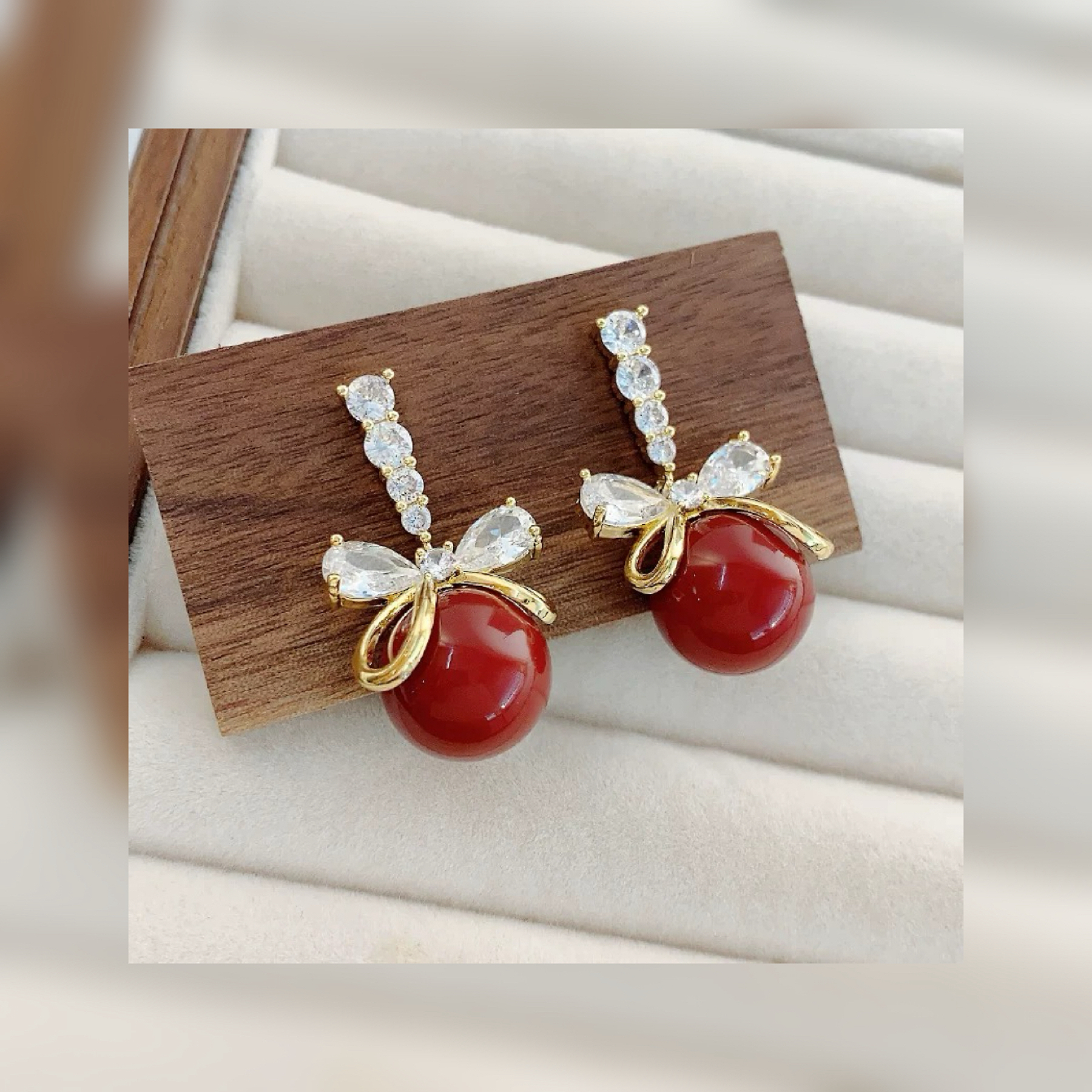 铜合金锆石耳饰 【小步舞曲】轻奢时尚百搭复古红法式精致可爱D-14