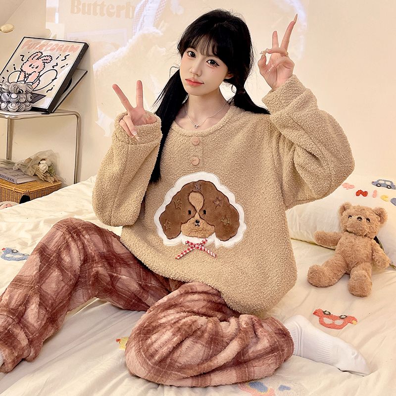 睡衣女冬季半边绒圆领卡通小狗加厚保暖珊瑚绒学生少女家居服套装