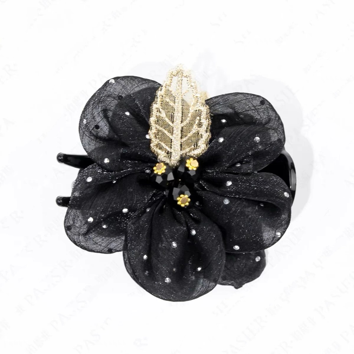 A手工绢纱花朵丸子夹布衣简约轻奢高级感后脑勺盘发鲨鱼夹2211