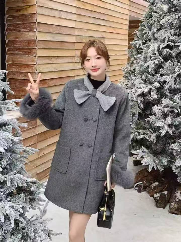 欣欣定制大码女装法式高级感小香风撞色蝴蝶结呢外套大衣