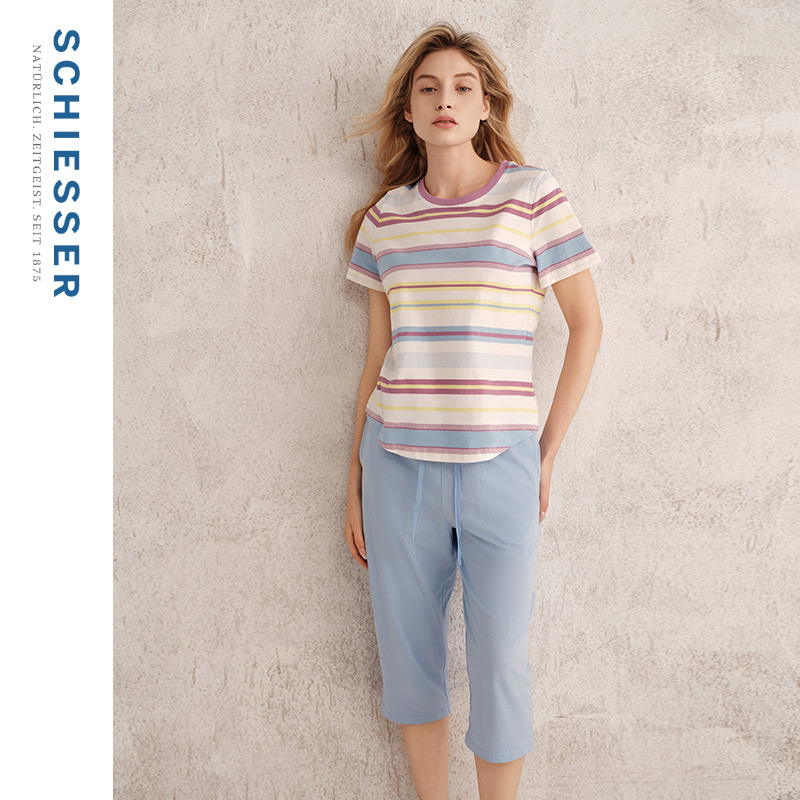 SCHIESSER舒雅25年春夏新品女士纯棉条纹印花圆领睡衣家居服套装