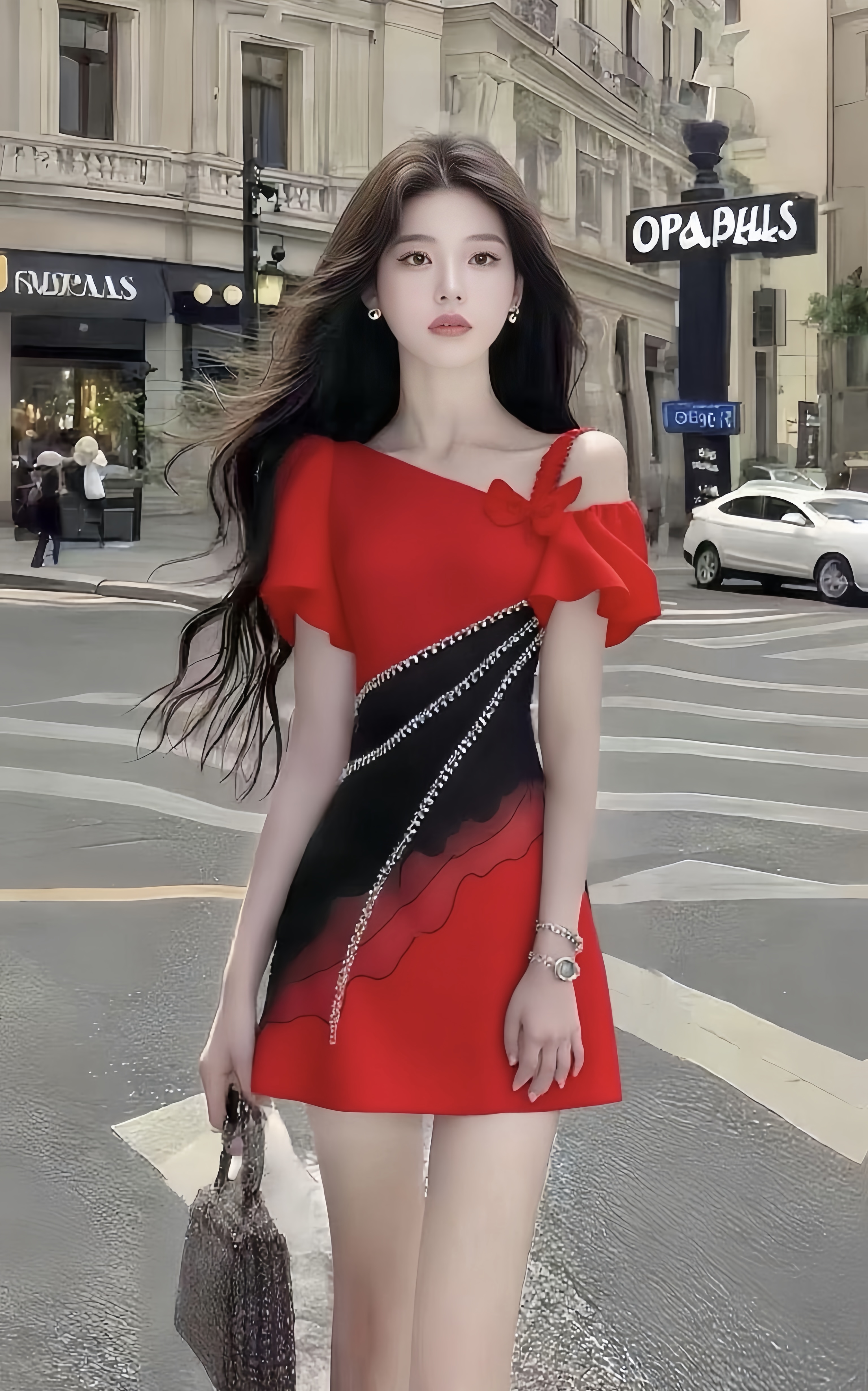 法式温柔甜美风时尚高端大气氛围感红色斜领短袖收腰拼接连衣裙女