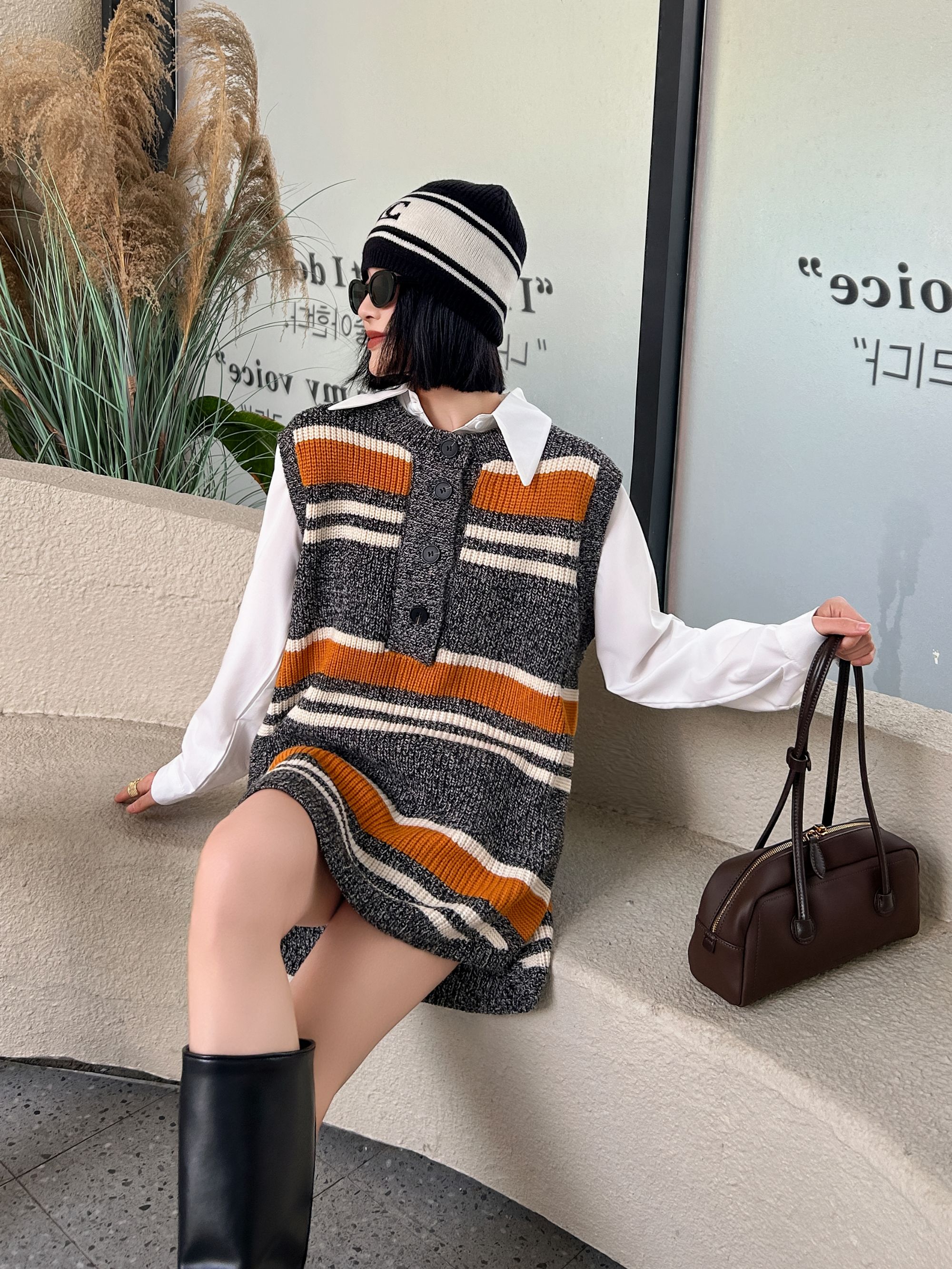 【苗姐优选】春季韩版宽松两件套针织条纹背心+棉质长袖衬衣BHX1013