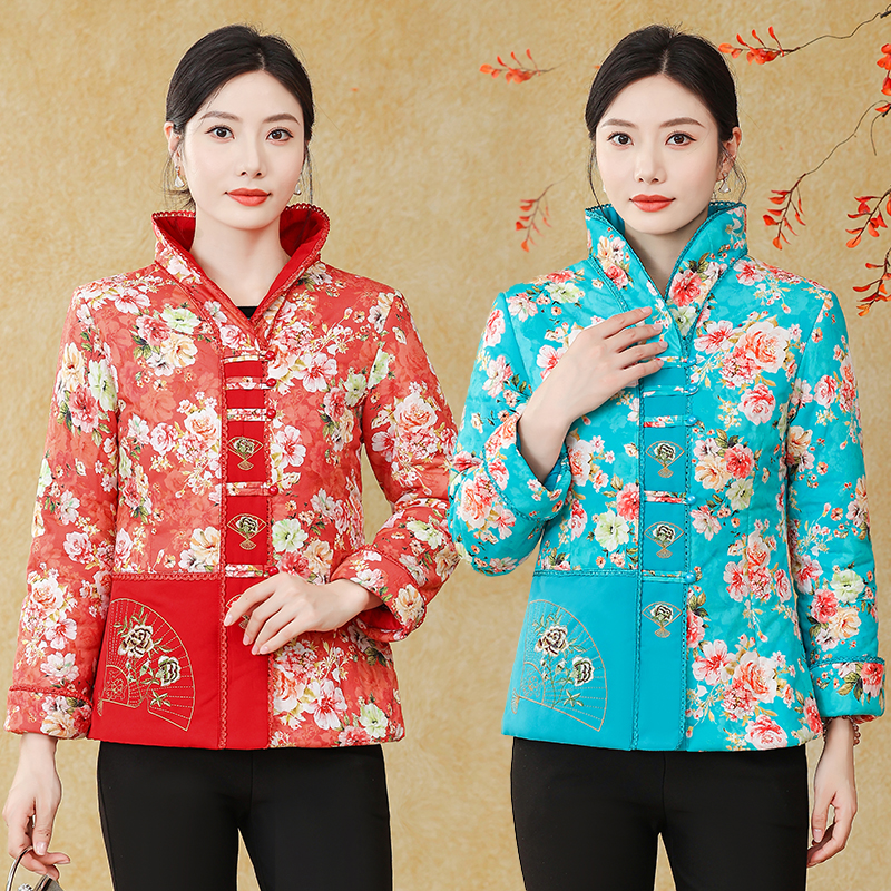 妈妈秋冬装刺绣花中式小棉袄中年女春秋薄唐装棉衣民族风棉袄复古