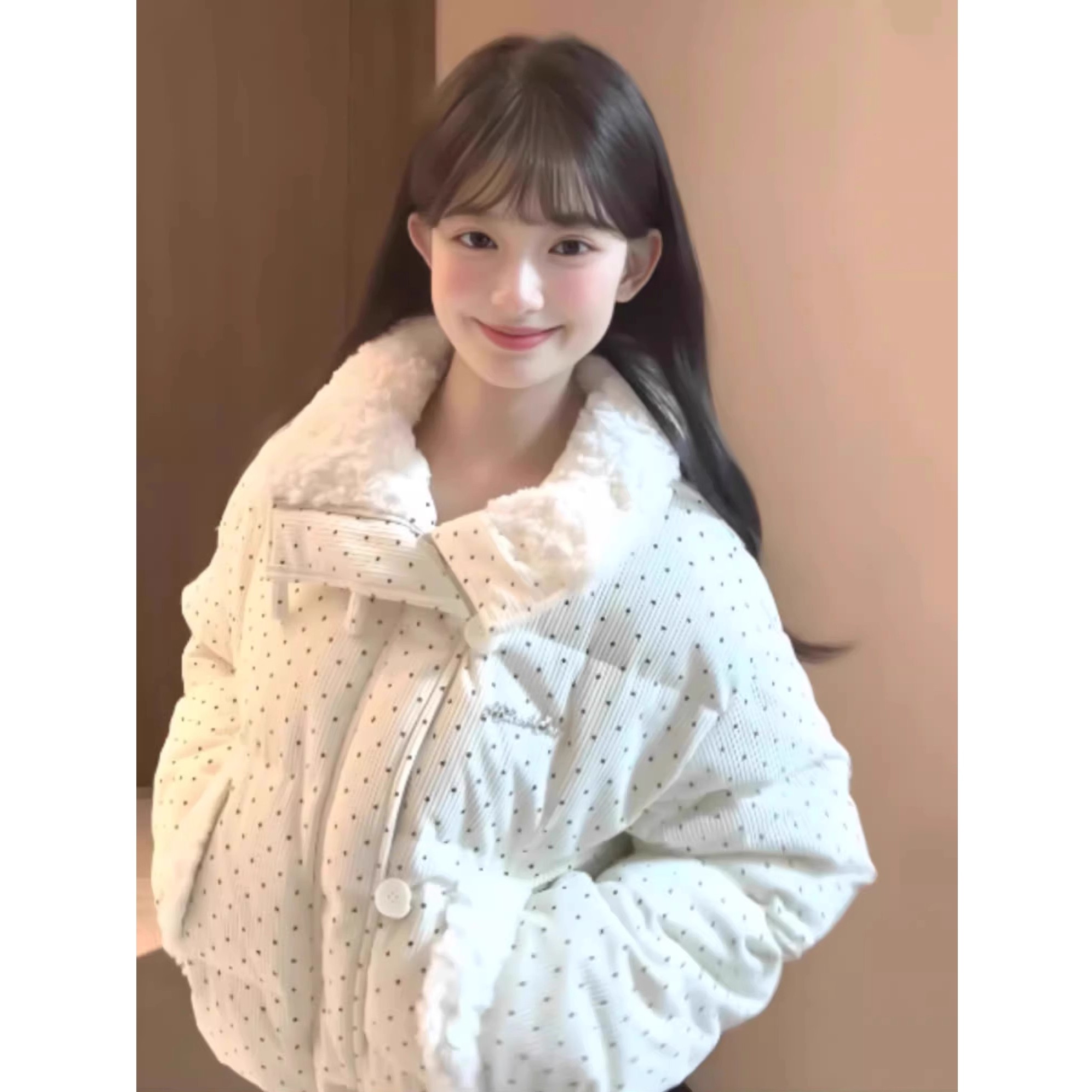 甜美风波点毛领羽绒棉服外套女秋冬宽松加厚保暖灯芯绒短款面包服